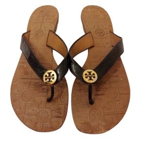 Tory Burch Black & Gold Tumbled Leather Flip Flops